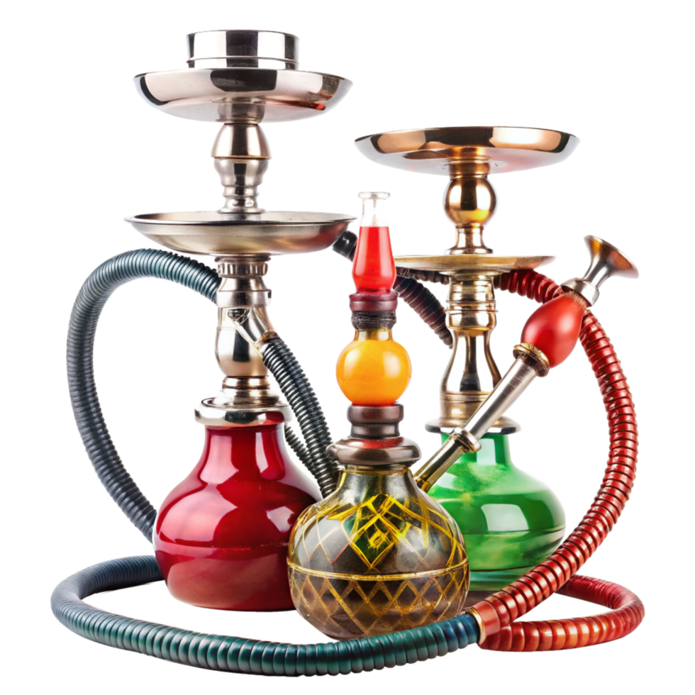 Collection of three vibrant colored hookahs with metal accents and colorful hoses png