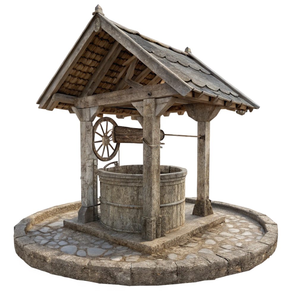 Ancient Stone Well with Wooden Cover and Wheel Mechanism in Rustic Setting png
