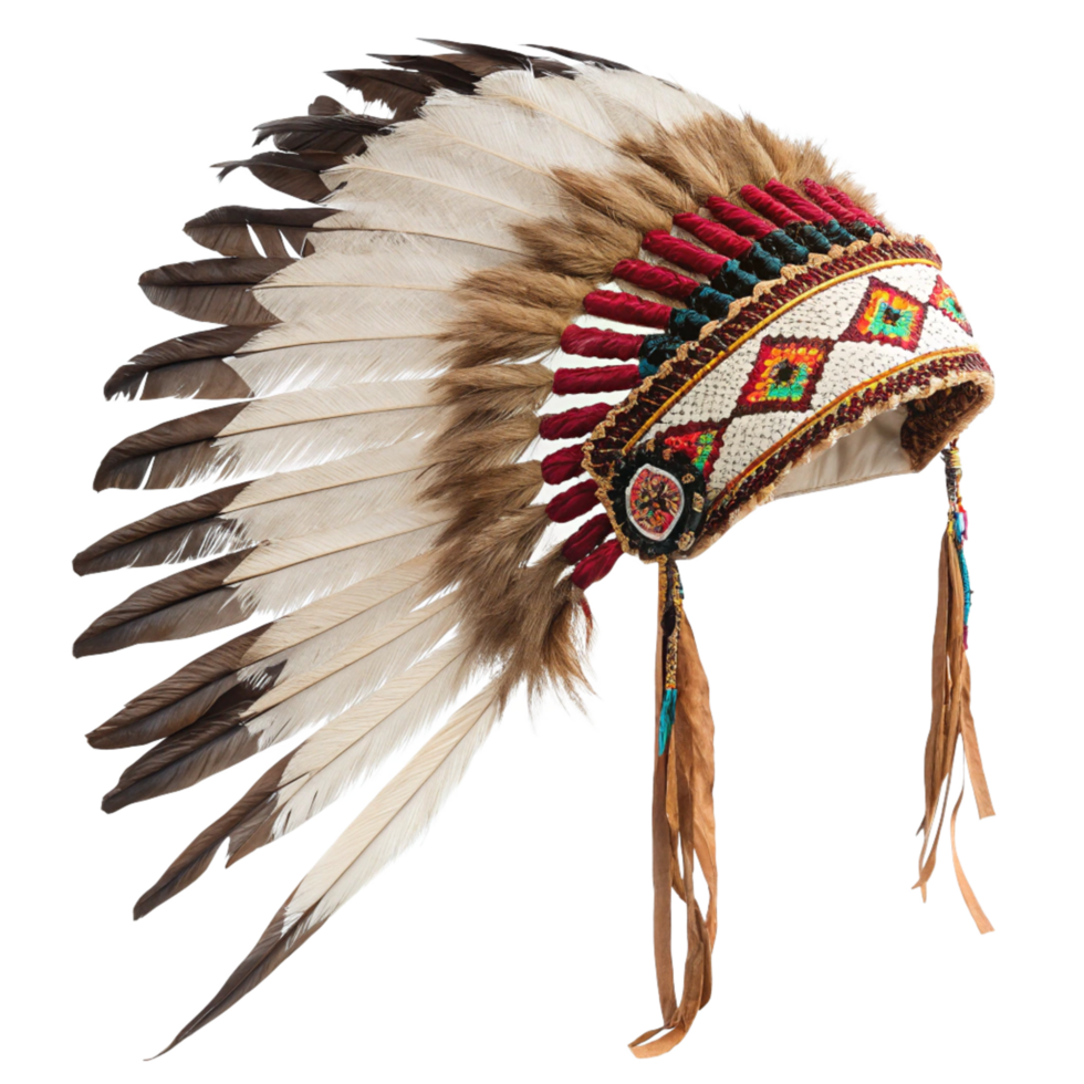 Authentic Native American Headdress with Colorful Beadwork and Long Feathers png