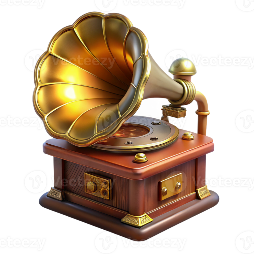 vibrant modern A steampunk gramophone with a large brass horn and intricate gears, playing a vinyl record, lit by a warm, nostalgic light professional png