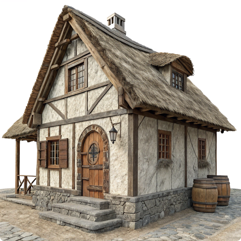 A Charming Medieval Cottage with Thatched Roof and Stone Steps png