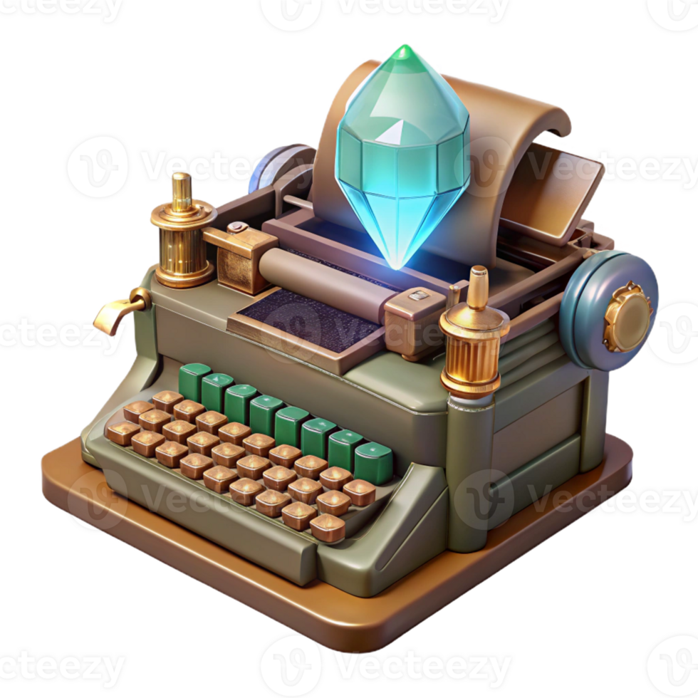 stunning traditional A steampunk typewriter with intricate keys and a glowing crystal display, resting on a wooden desk, lit by a soft, writer's light premium png