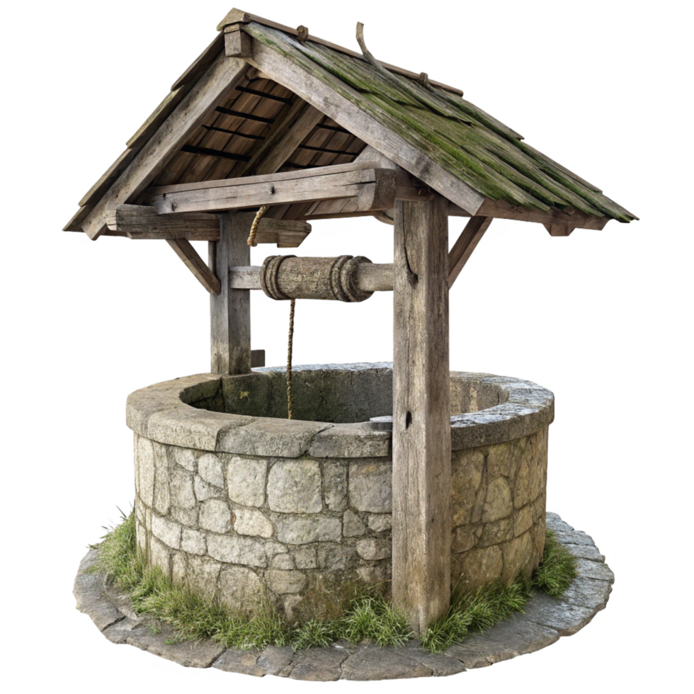 Ancient Stone Well with Wooden Cover and Weathered Roof png