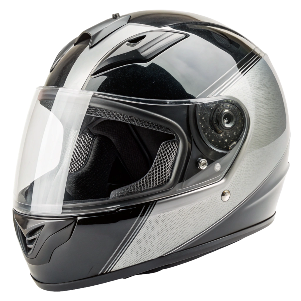 Sleek Black and Silver Motorcycle Helmet with Clear Visor png