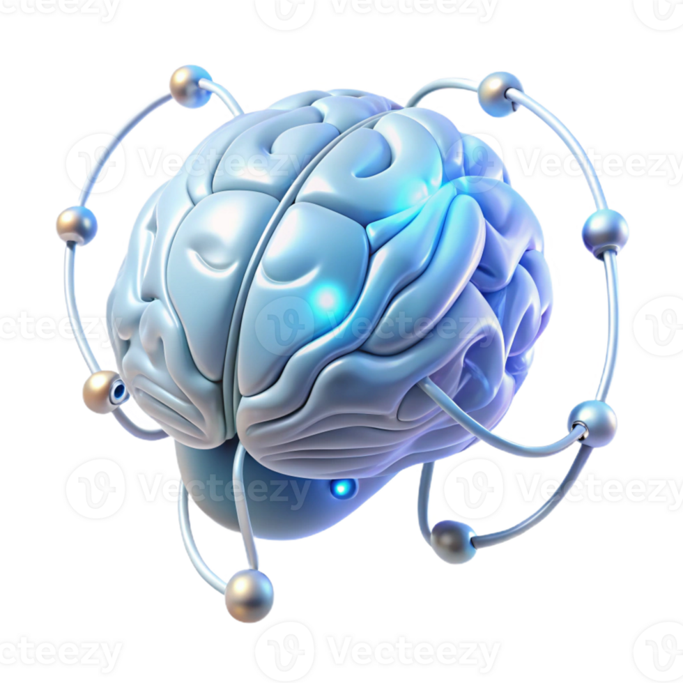 wonderful abstract A holographic projection of a human brain, pulsating with energy, wires and nodes connecting different areas, illuminated by a cool white light, futuristic minimalist style detailed png