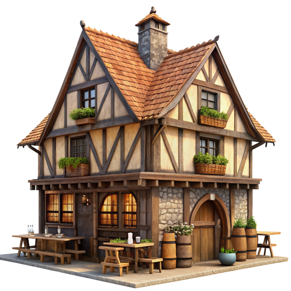 Quaint Medieval Tudor Style House Exterior with Stone and Wood Features png