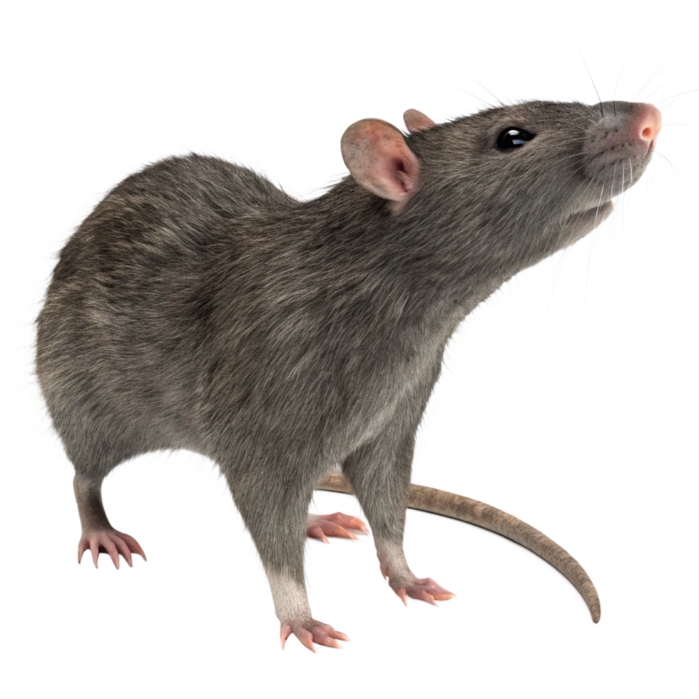 A Detailed Close Up Image of a Gray Rat Standing on a Black Background png