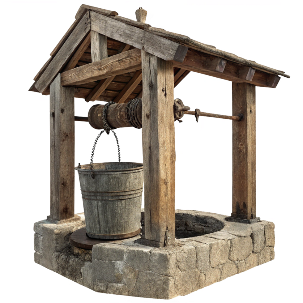 Rustic Wooden Well with Weathered Bucket and Stone Base in a Countryside Setting png