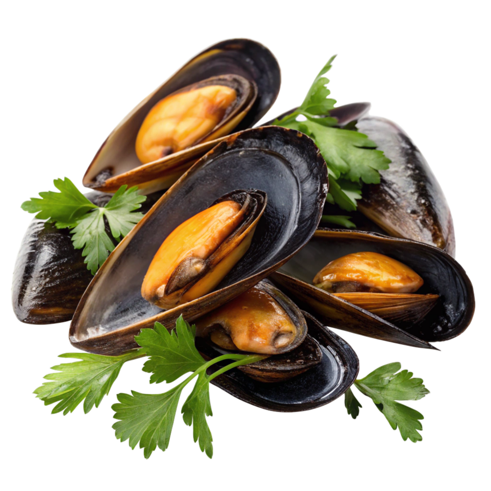 Delicious Steamed Mussels with Fresh Parsley Garnish A Culinary Delight png