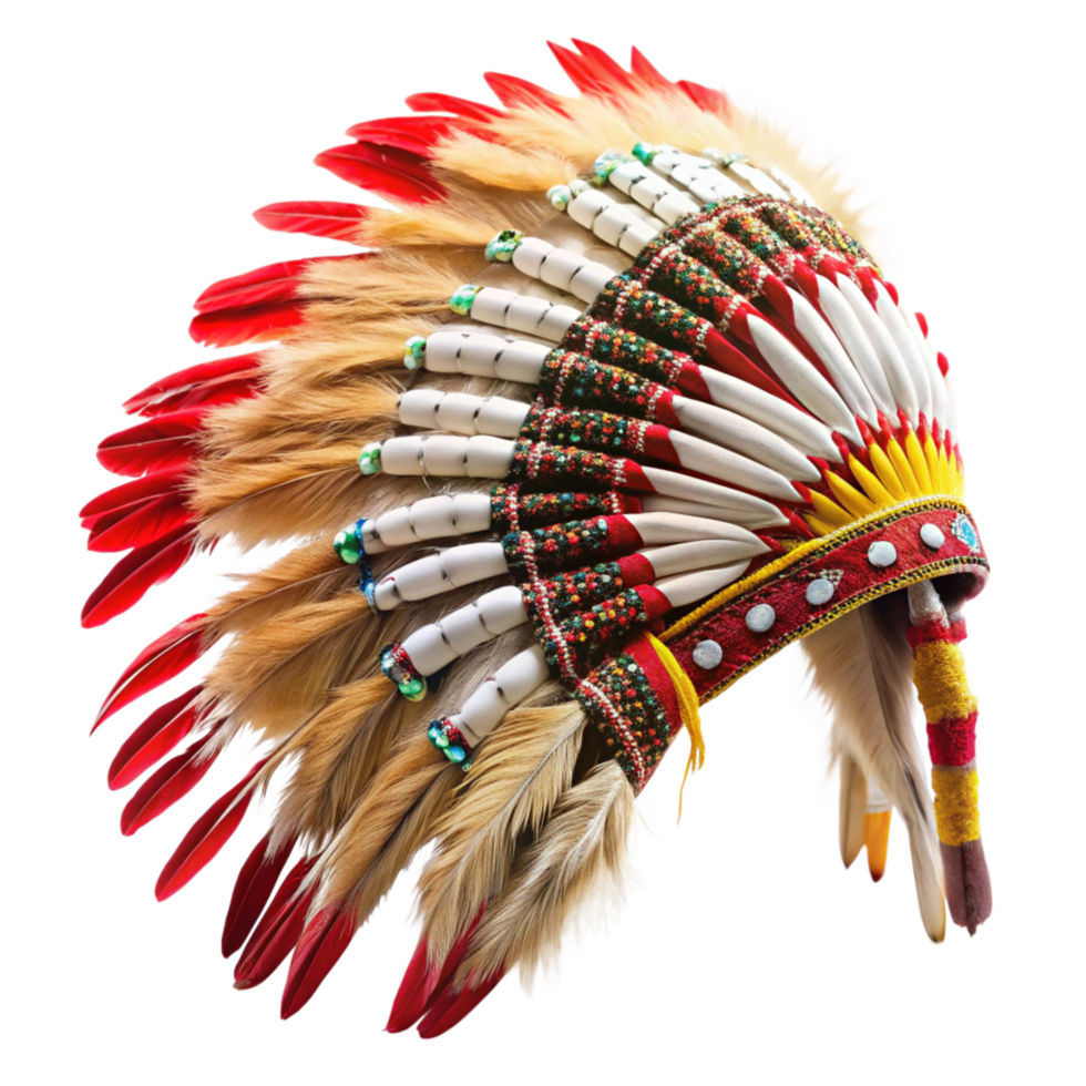 Ornate Native American Headdress with Red and Beige Feathers and Colorful Beads png