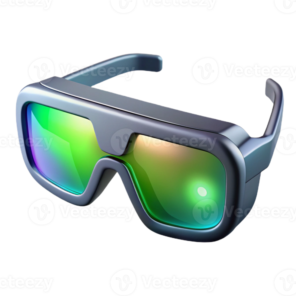 vibrant contemporary A pair of augmented reality glasses displaying holographic information, sleek and modern design, reflecting the user's eye, lit by a soft green light, product design style genuine png