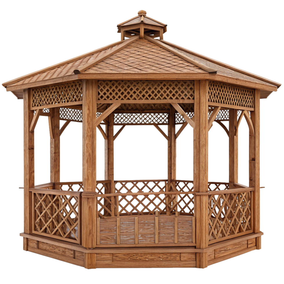 Octagonal Wooden Gazebo with Lattice Detailing and a Conical Roof png