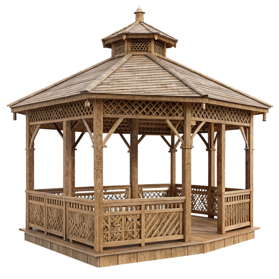 Elegant Wooden Gazebo with Intricate Latticework and Shingle Roof for Garden Relaxation png