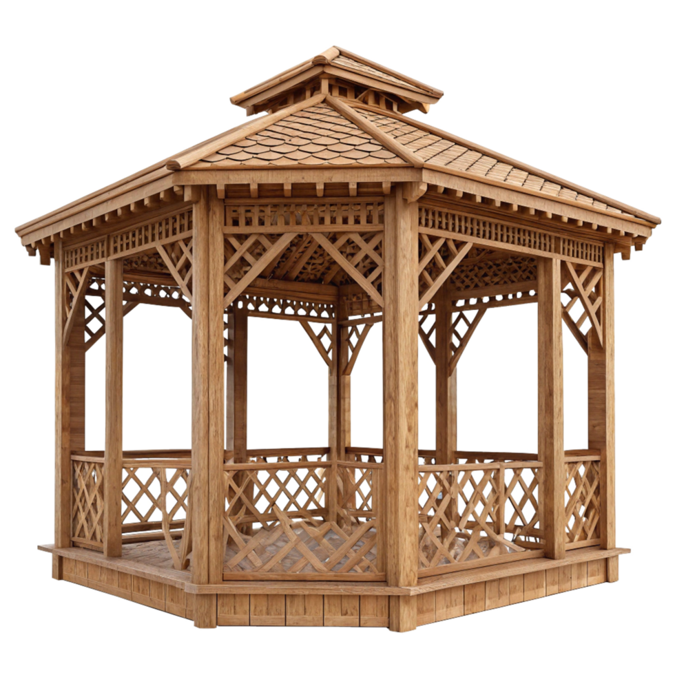 Hexagonal Wooden Gazebo with Intricate Latticework and Shingle Roof png