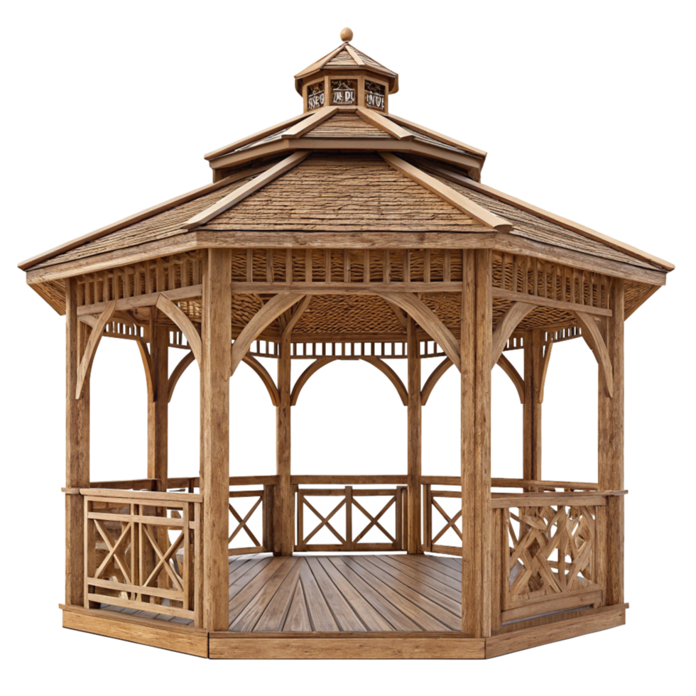 Elegant Wooden Gazebo with Ornate Details and Wooden Roof for Garden or Backyard png