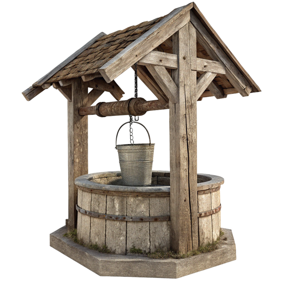 Rustic Wooden Well with Metal Bucket and Weathered Roof png