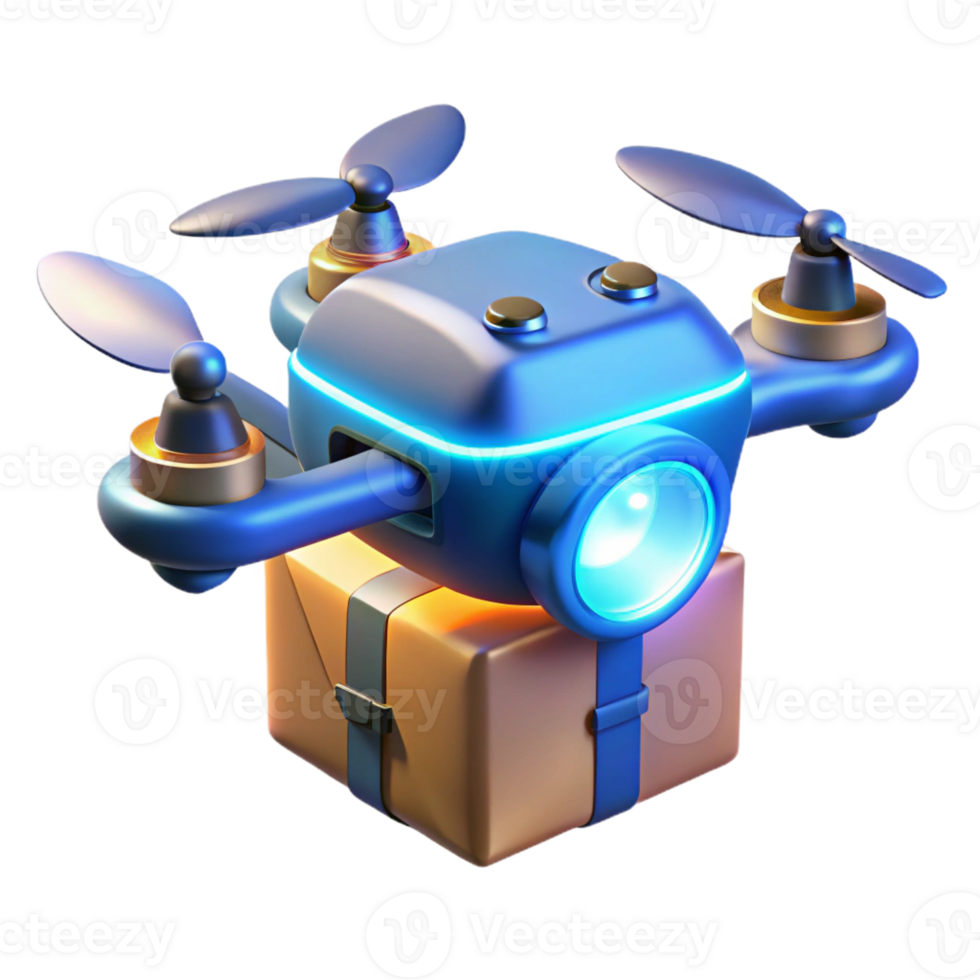 dramatic modern A futuristic drone delivering a package, sleek aerodynamic design, glowing blue lights indicating its trajectory, lit by a warm sunset light, product design style original png