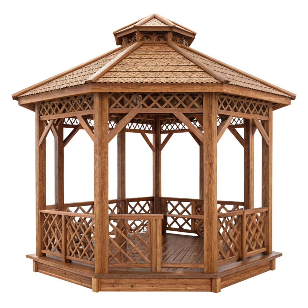 A beautiful hexagonal wooden gazebo with intricate lattice details and a shingled roof png