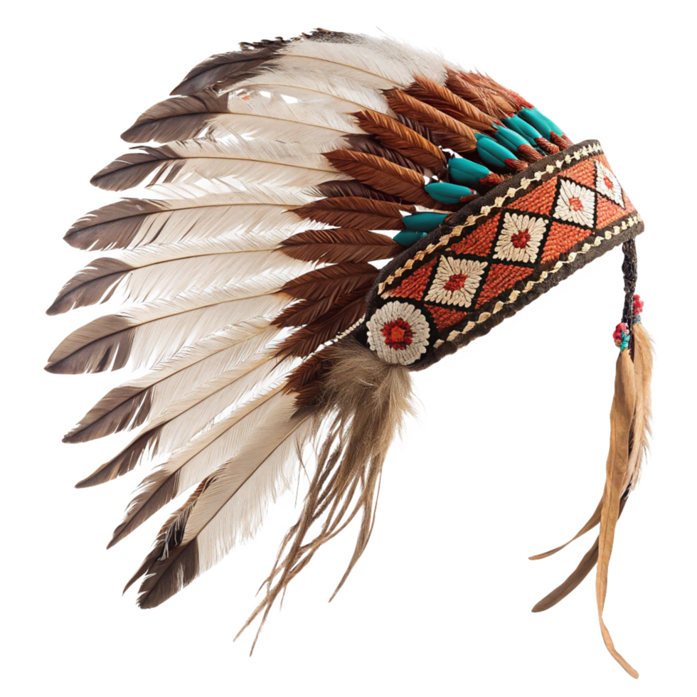 Authentic Native American Headdress with Brown and White Feathers and Intricate Beadwork png