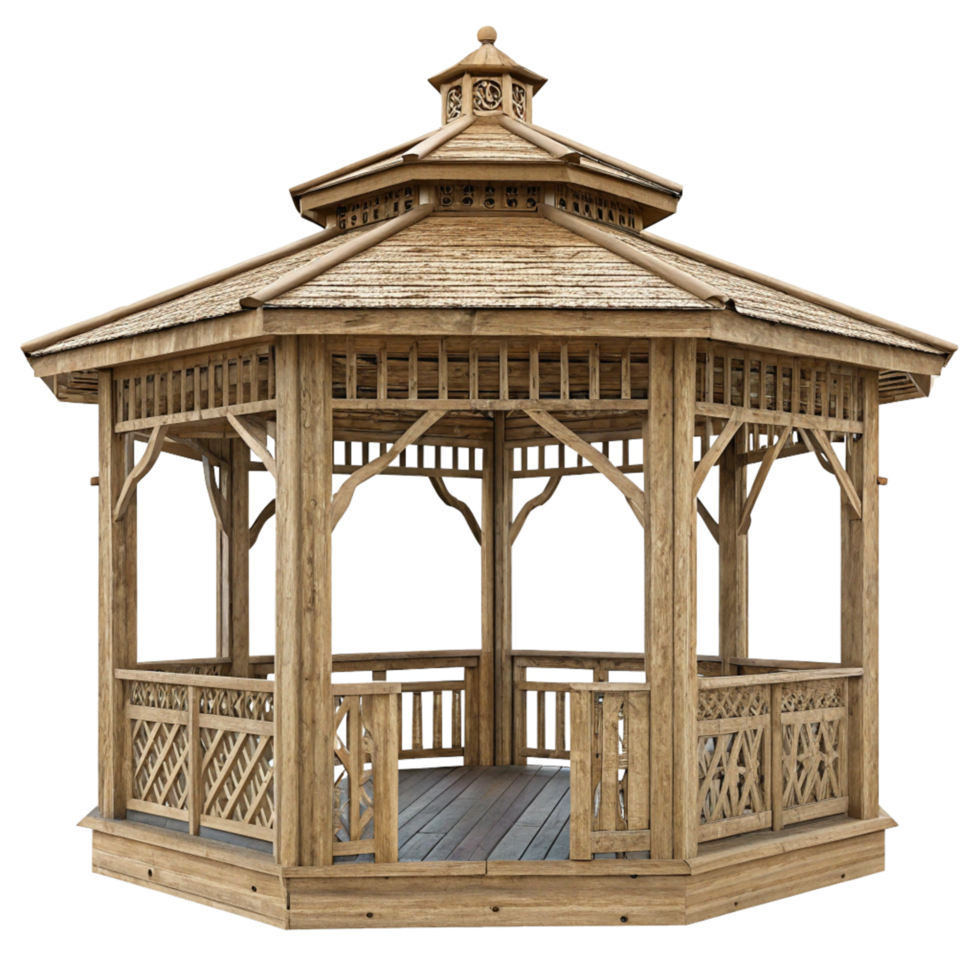 A Beautiful Wooden Octagonal Gazebo with Intricate Design Details and Wooden Roof png
