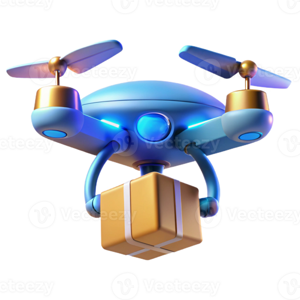stunning abstract A futuristic drone delivering a package, sleek aerodynamic design, glowing blue lights indicating its trajectory, lit by a warm sunset light, product design style genuine png