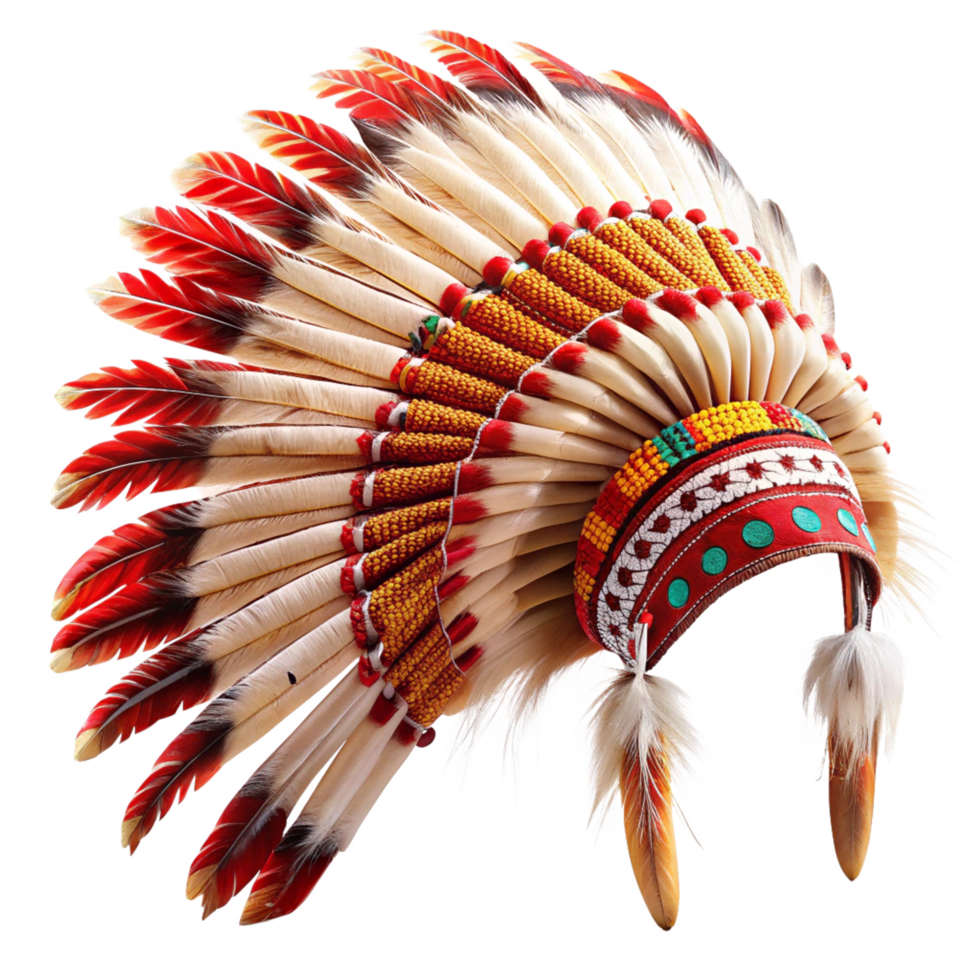 Native American Headdress with Red and White Feathers and Colorful Beads png