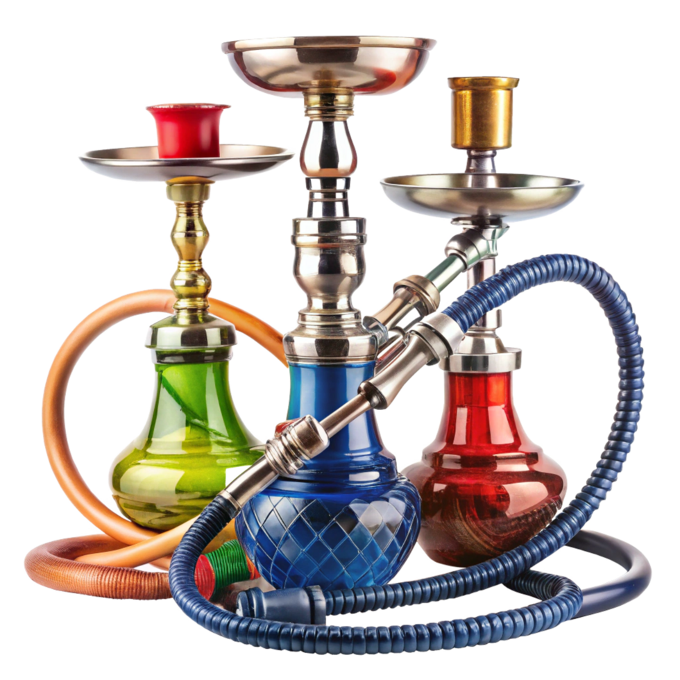Three Colorful Hookahs with Metal Accents and Intricate Designs png
