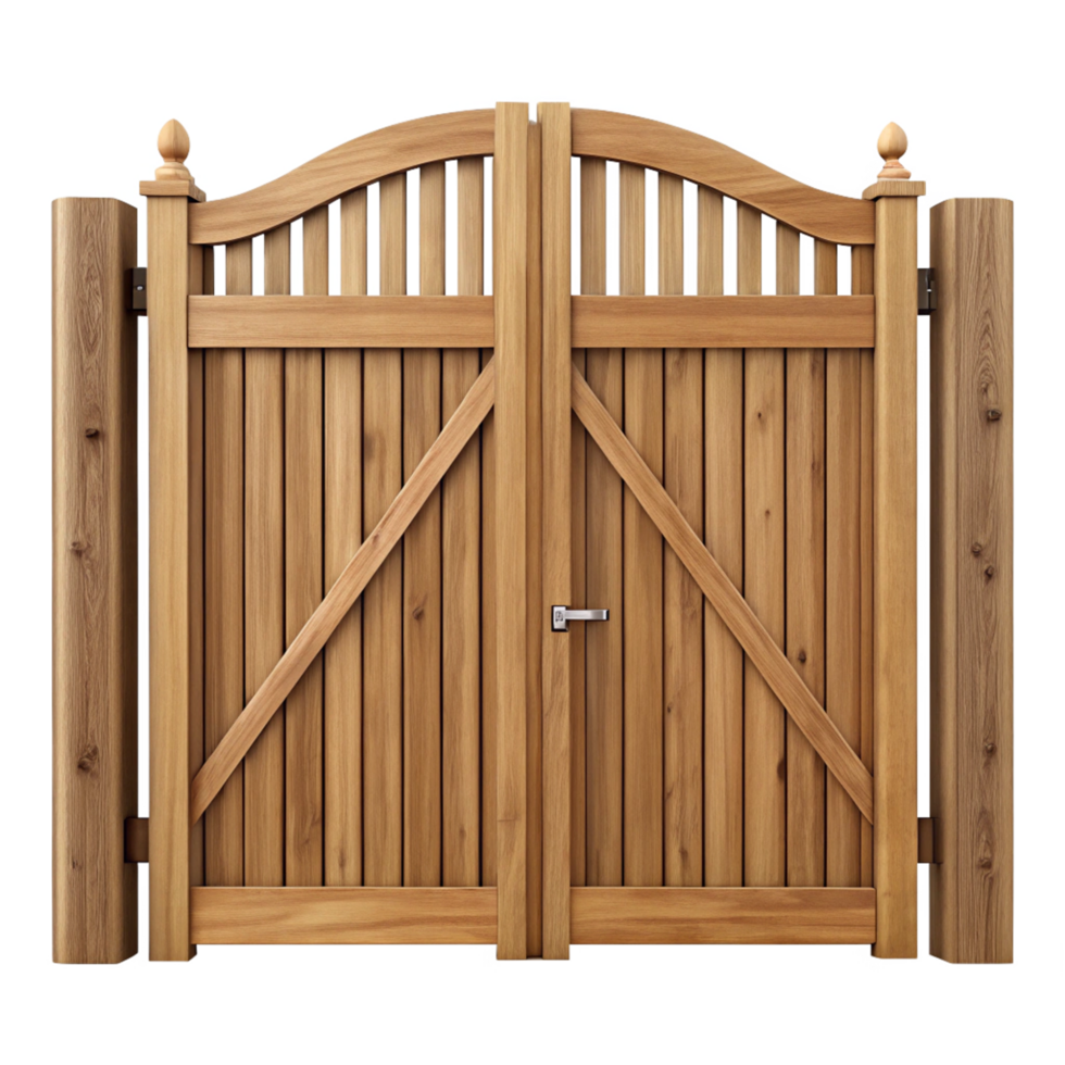Elegant Wooden Double Gate with Arched Top and Metal Handle png