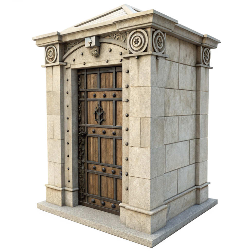 Ancient Stone Mausoleum with Ornate Wooden Door and Intricate Architectural Details png