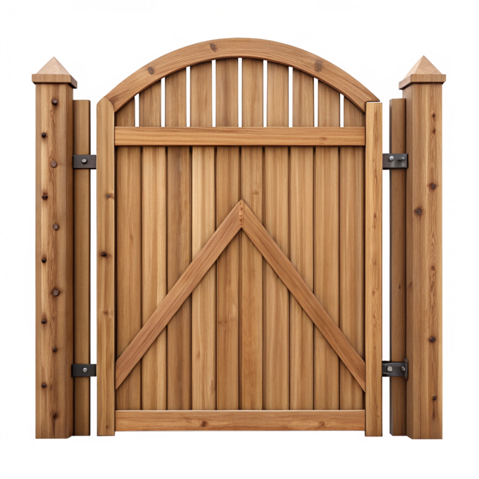 A charming rustic wooden garden gate with arched top and decorative vertical slats png