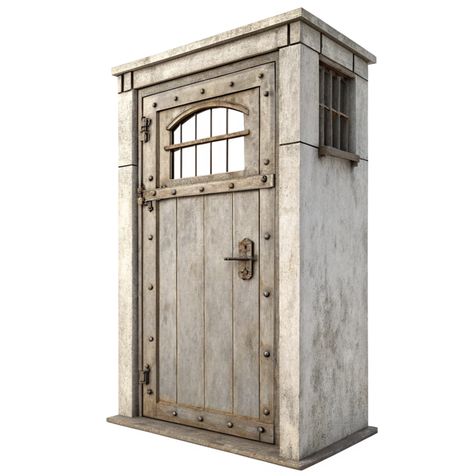 A 3D Render of an Old Weathered Stone and Wood Prison Cell Door with a Small Window png
