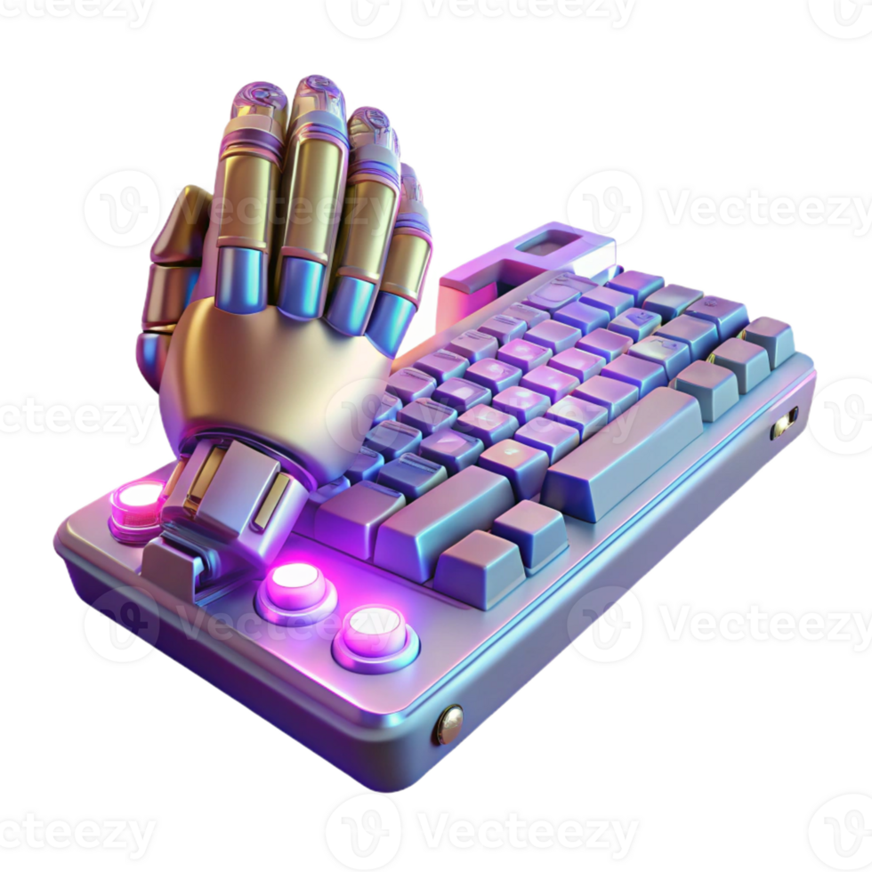 dramatic vintage A robotic hand typing on a holographic keyboard, intricate mechanical details, lit by a warm ambient light, cyberpunk style detailed png