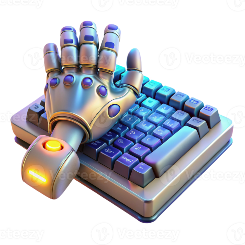 extraordinary abstract A robotic hand typing on a holographic keyboard, intricate mechanical details, lit by a warm ambient light, cyberpunk style original png
