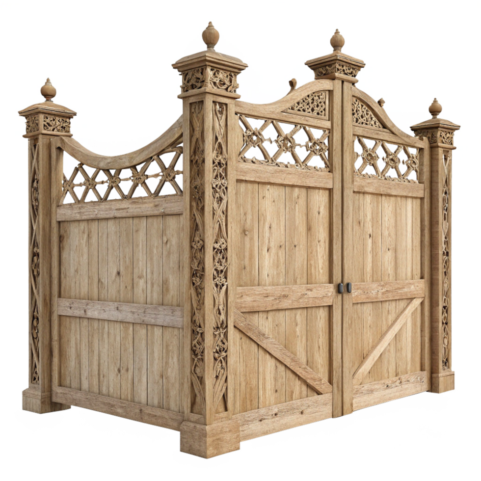 Ornate Wooden Garden Gate with Intricate Carving and Double Doors png
