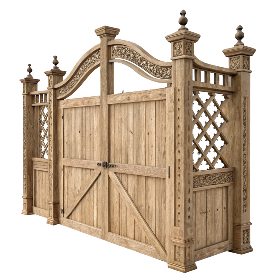 Ornate Wooden Gate with Intricate Carvings and Lattice Detailing png