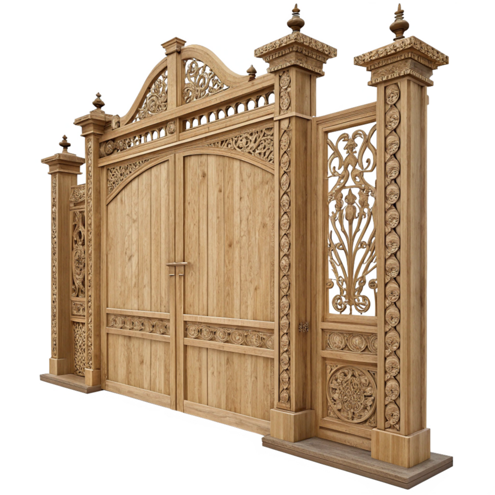 Ornate Wooden Gate with Intricate Carving and Architectural Design Details png