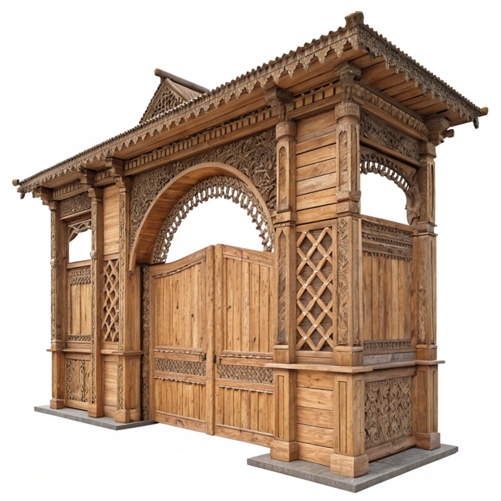Ornate Wooden Gate with Intricate Carvings and Architectural Details png