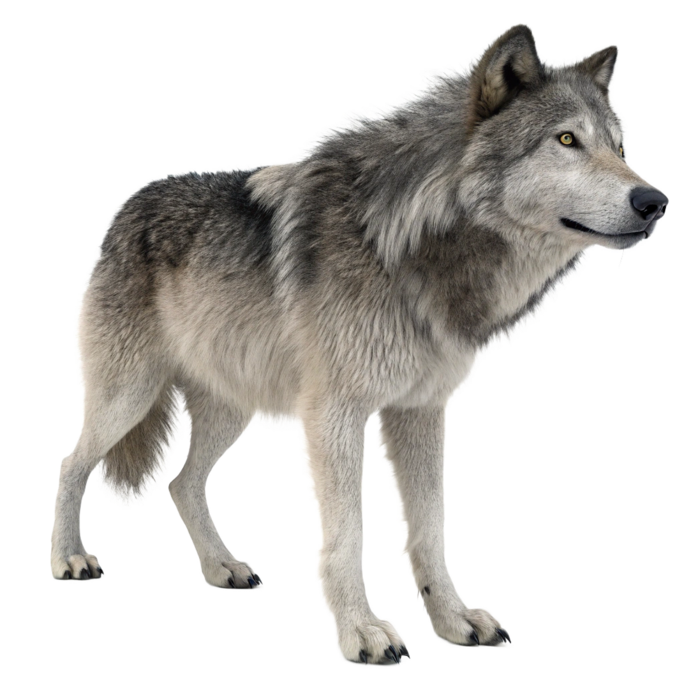 Majestic Gray Wolf Standing in Profile View Against Black Background png