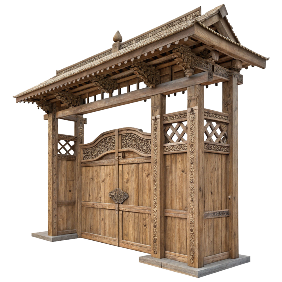 Ornate Wooden Gate with Intricate Carvings and a Traditional Asian Design png