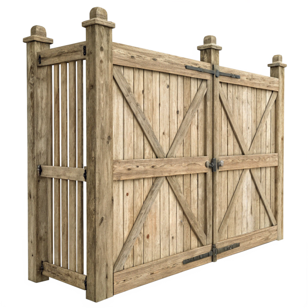 Rustic Wooden Gate with XDesign and Metal Hinges for Farm House or Ranch Entrance png