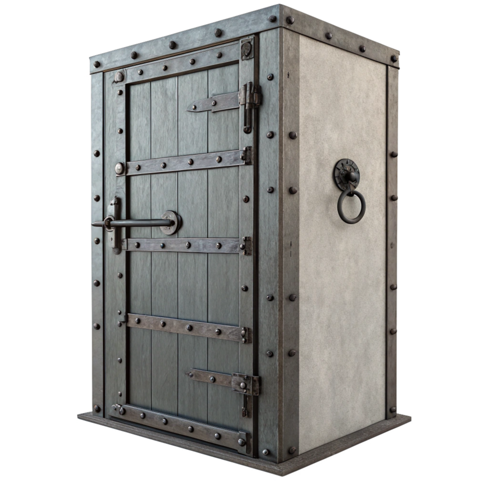 A rustic gray wooden door with medieval iron accents and ring pull png