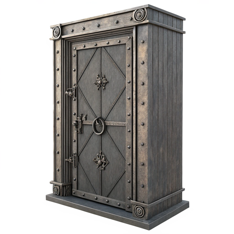 A majestic ornate metal door within a stone and metal frame png