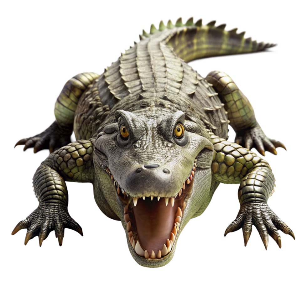 A terrifying closeup view of a large alligator, its jaws open wide, revealing sharp teeth, powerful legs and claws, set against a black background png
