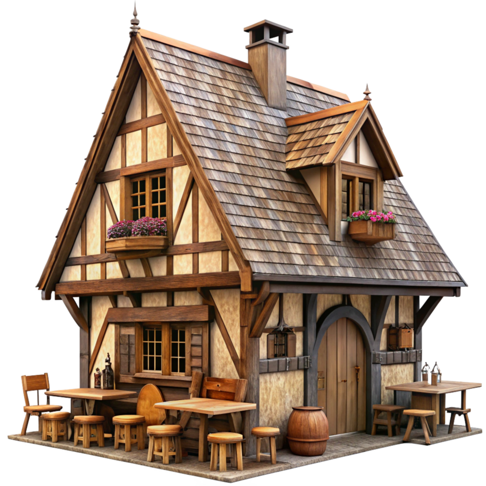 A charming 3D rendered model of a medieval style timber framed cottage with outdoor seating png