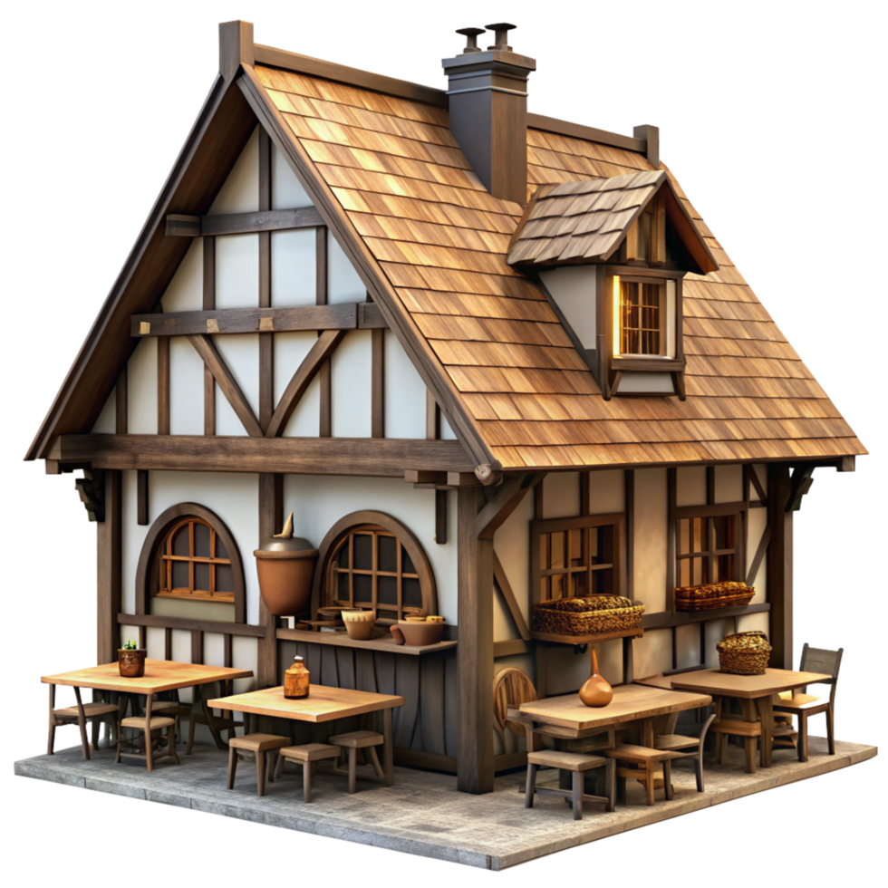 A charming 3D rendered model of a medieval style timber framed house with outdoor seating png