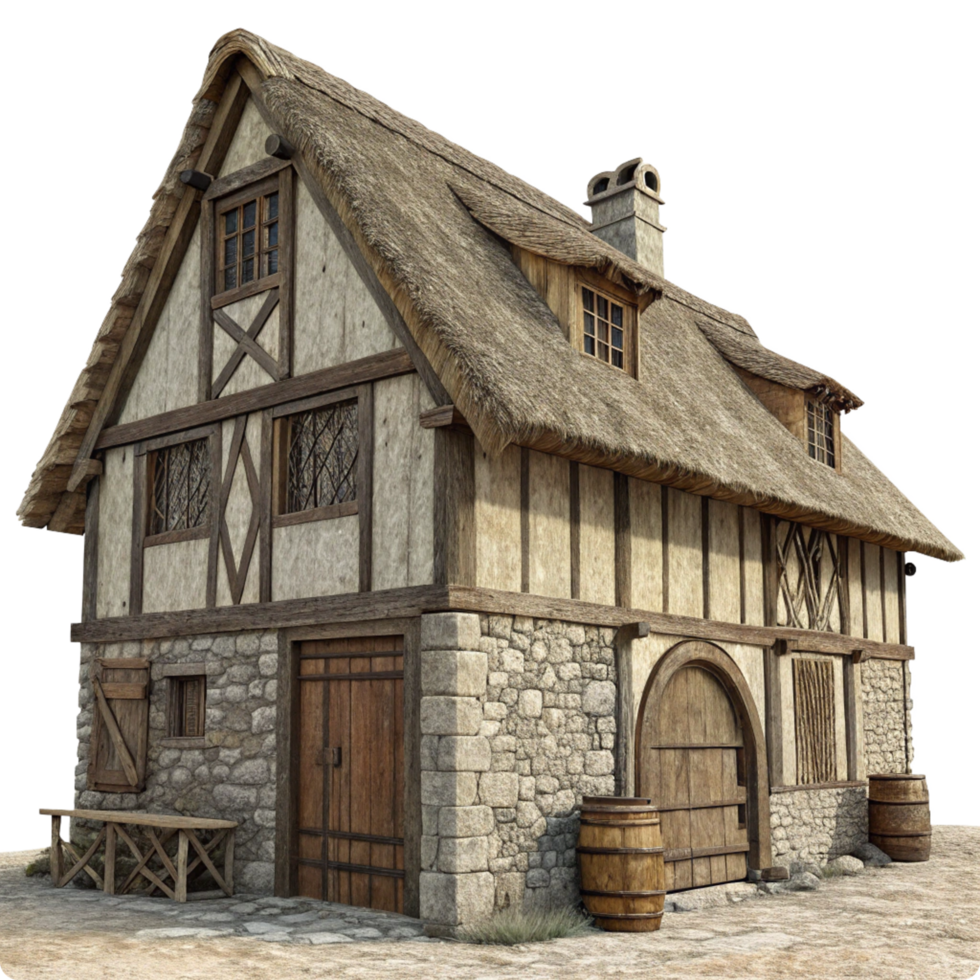 Medieval Cottage 3D Render Thatched Roof Stone House with Wooden Beams and Barrels png