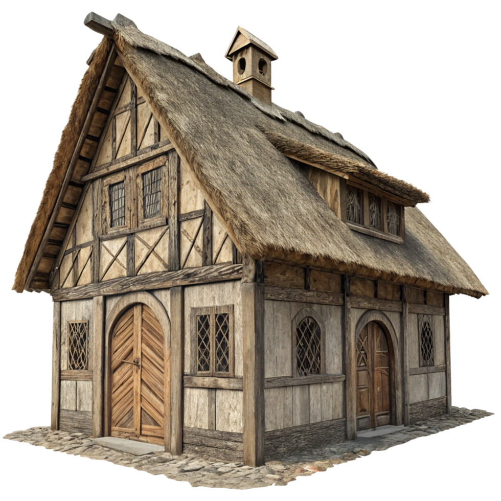 Ancient Medieval Cottage with Thatched Roof and Wooden Frame Structure png
