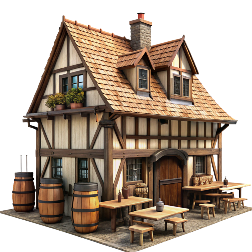 A charming medievalstyle tavern building with wooden exterior and shingle roof png