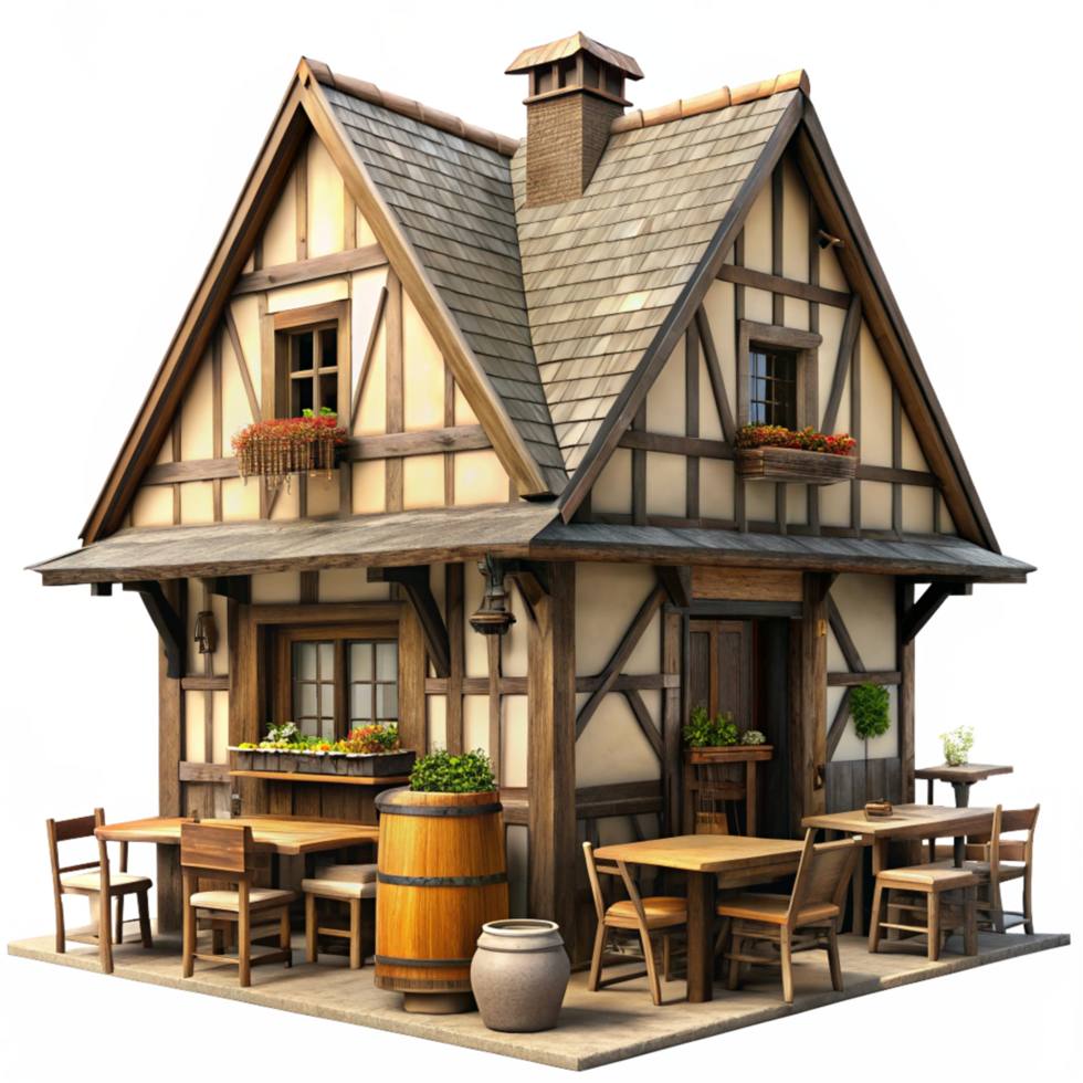 Charming Medieval Style Cottage Restaurant with Outdoor Seating png