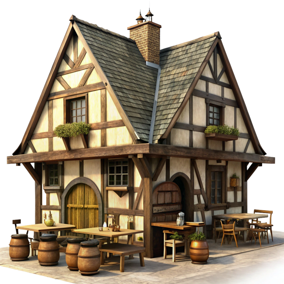 A charming medievalstyle timberframed house with outdoor seating area png